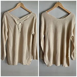 Ryu Cream Ribbed Criss Cross Back Sweater M/L Long Sleeve Neutral Knit